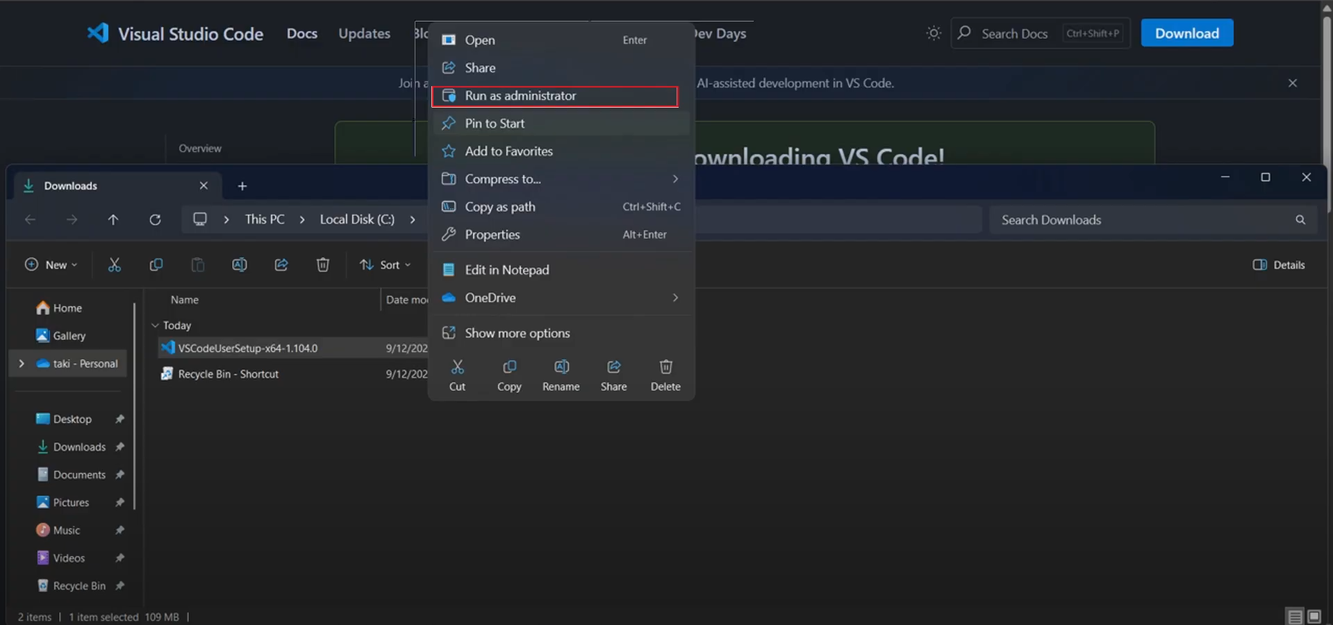 VS Code installer window